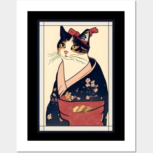 Cat japanese with kimono vintage Posters and Art